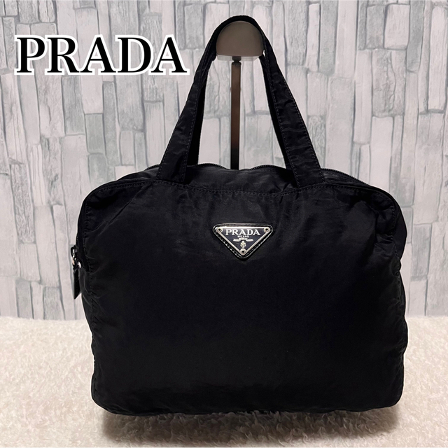 美品 PRADA トートバッグ ミニボストン テスートナイロン 三角ロゴ 黒