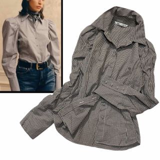 ザラ(ZARA)の【美品】ZARA チェック パワショル ブラウス コットンシャツ(シャツ/ブラウス(長袖/七分))