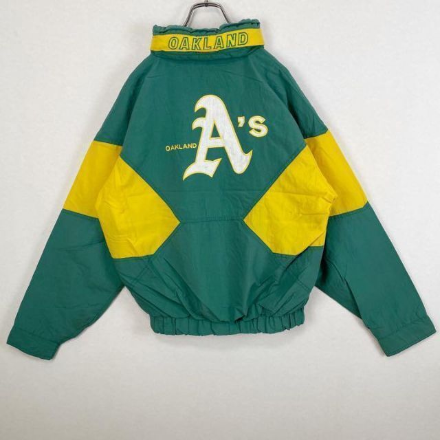 90s アスレチックス MLB 緑黄色 ナイロンジャケット タロン刺繍ロゴ