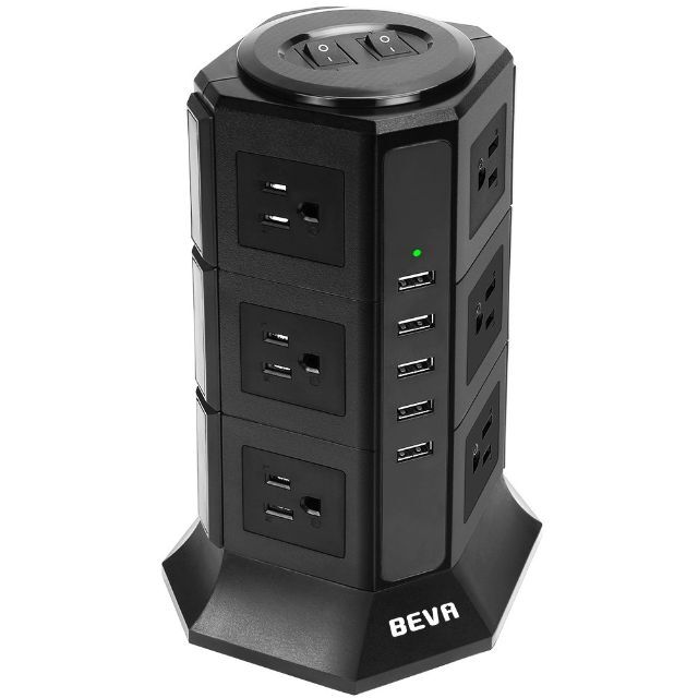 【色: 12AC+5USB】タワー式電源タップBEVA 3層縦コンセント 12A