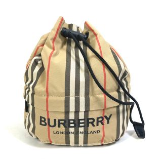 バーバリー(BURBERRY)のバーバリー BURBERRY 巾着 チェック メイクポーチ ハンドバッグ  ポーチ ナイロン ベージュ 美品(ポーチ)