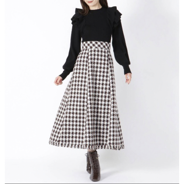 And Couture ブロックチェックツイード裾フリンジスカートロングスカート