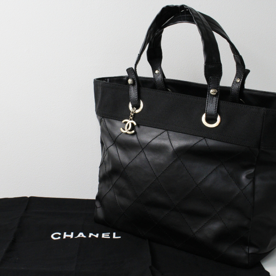 レディースCHANEL シャネル パリビアリッツ トートGM ハンドバッグ SV PVC キャンバス/ブラック クロ TOTE BAG【2400012614475】