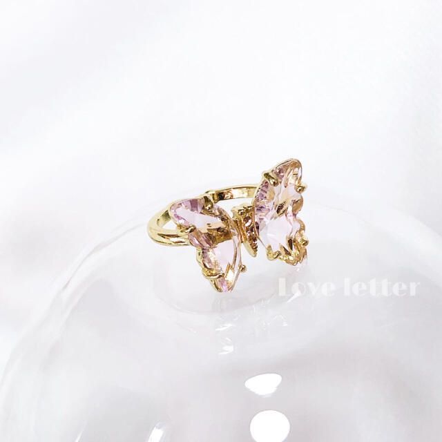 No.370 クリスタルストーンバタフライリング指輪 ピンク 韓国 量産型 蝶々 レディースのアクセサリー(リング(指輪))の商品写真