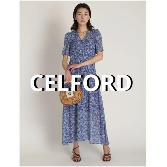 セルフォード CELFORD 小花柄プリントロングワンピース ブルー 38セルフォード