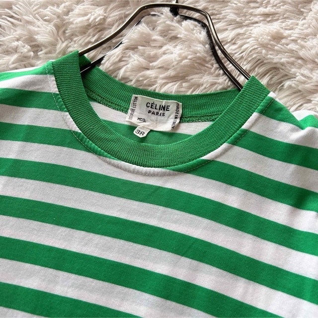 返品送料無料】 セリーヌ ボーダーTシャツ 刺繍ロゴ 緑 グリーン ユニ