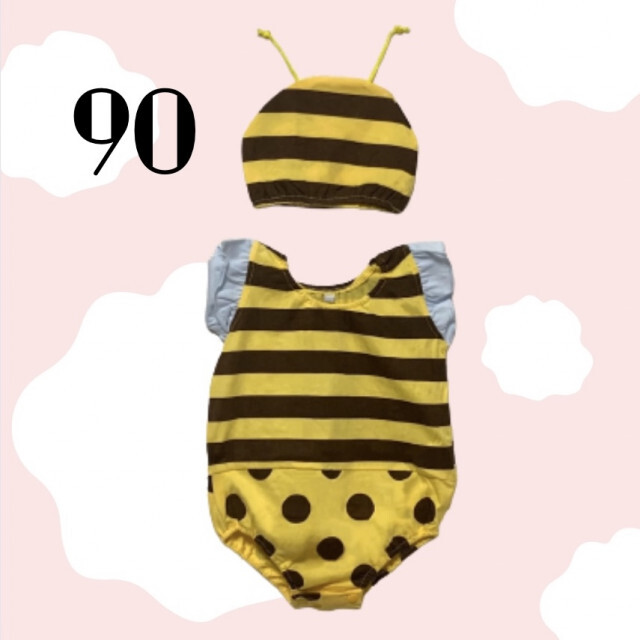 ベビー ミツバチ ロンパース 90 黒 黄色 ドット ボーダー 着ぐるみ キッズ/ベビー/マタニティのベビー服(~85cm)(ロンパース)の商品写真