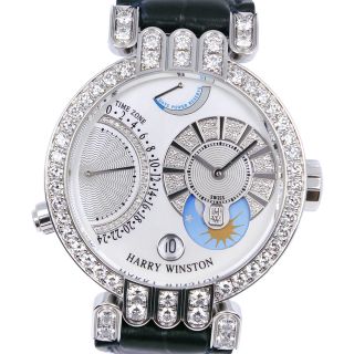 ハリーウィンストン(HARRY WINSTON)の【HARRY WINSTON】ハリーウィンストン プルミエール エキセンター タイムゾーン 200-MMTZ39W K18ホワイトゴールド×ダイヤモンド×レザー 手巻き アナログ表示 メンズ ホワイトシェル文字盤 腕時計(腕時計(アナログ))