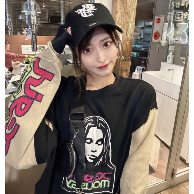 即完売品♡MOUSSY×X-girlコラボ♡XG FACE LS Tシャツ♡黒Tシャツ(長袖/七分)