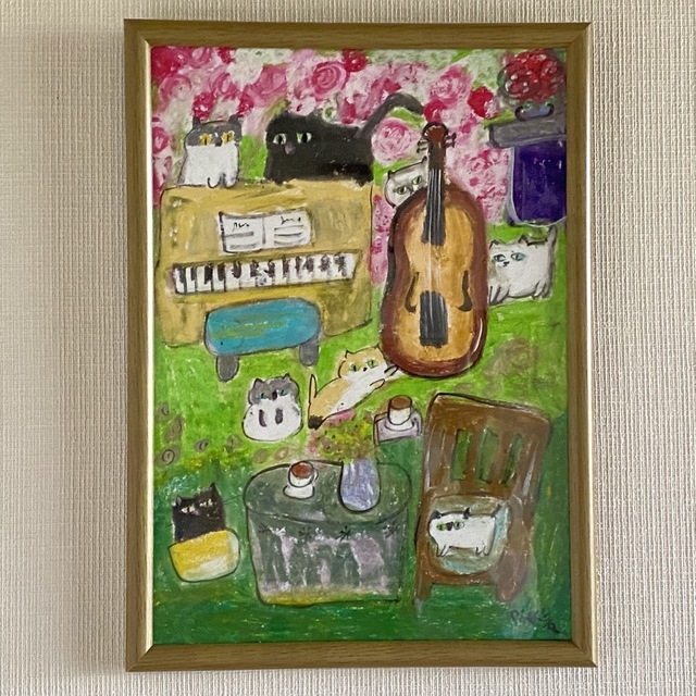 絵画。壁掛け絵原画手描き【猫たちは花が咲いた庭で演奏会を開く】-