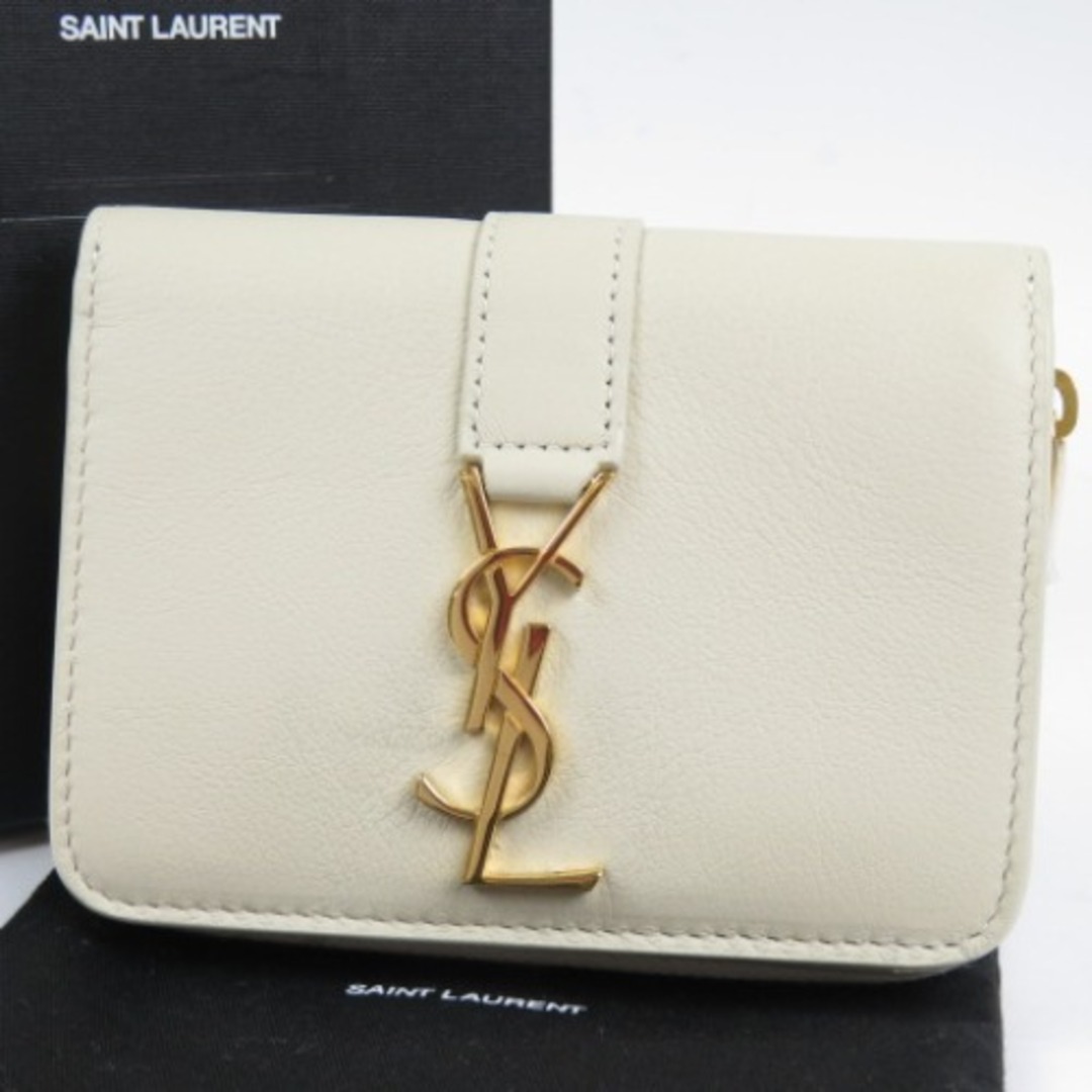 Saint Laurent - 未使用品 SAINT LAURENT サンローラン ロゴ 二つ折り財布 レザー アイボリー レディース【中古】