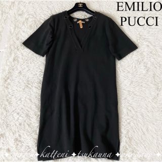 エミリオプッチ(EMILIO PUCCI)のエミリオプッチ コットン シルクワンピース フレア Aライン 黒 ブラック L(ひざ丈ワンピース)