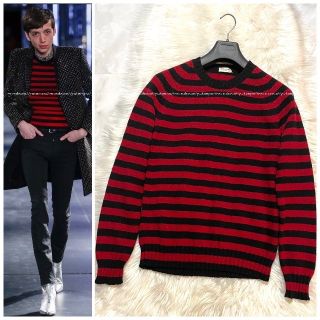 サンローラン(Saint Laurent)の本物 美品 ランウェイ サンローランパリ ボーダー セーター M 黒 赤 (ニット/セーター)