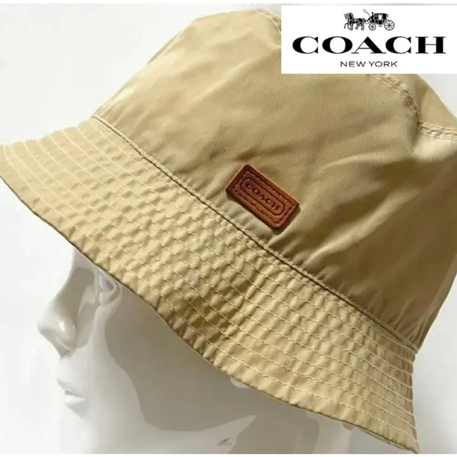 【新品】 COACHコーチモノグラム柄×ベージュレザーロゴ付きリバーシブルハット