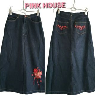 ピンクハウス(PINK HOUSE)の美品　PINK HOUSE 薔薇刺繍が可愛いデニムロングスカート(ロングスカート)