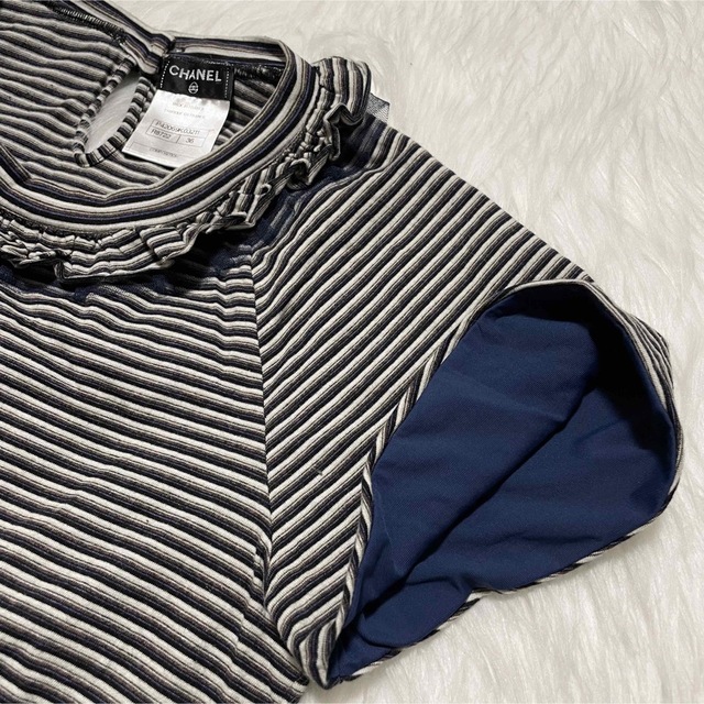 本物 美品 シャネル COCOボタン フリル付 ボーダー 半袖 カットソー 36