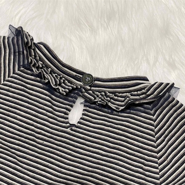 本物 美品 シャネル COCOボタン フリル付 ボーダー 半袖 カットソー 36