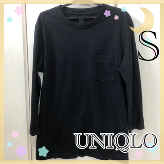 ユニクロ(UNIQLO)のUNIQLO 七分袖　ロンT ティシャツ　胸ポケット　ブラック　黒　シンプル　S(Tシャツ(長袖/七分))