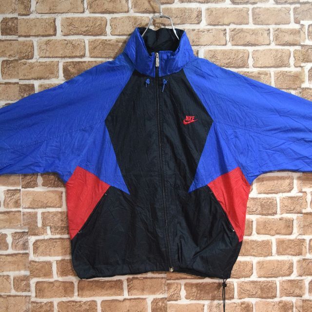 《ナイキ》90s銀タグ　刺繍ロゴ　青×黒×赤　Lサイズ　ナイロンジャケット 2
