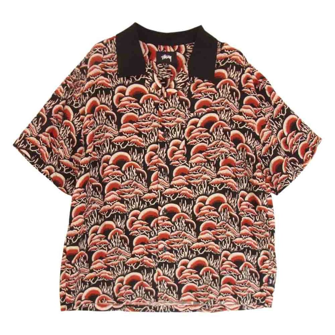 STUSSY ステューシー CORAL PATTERN SHIRT オープンカラー レーヨン 半袖 シャツ レッド ブラック系 S