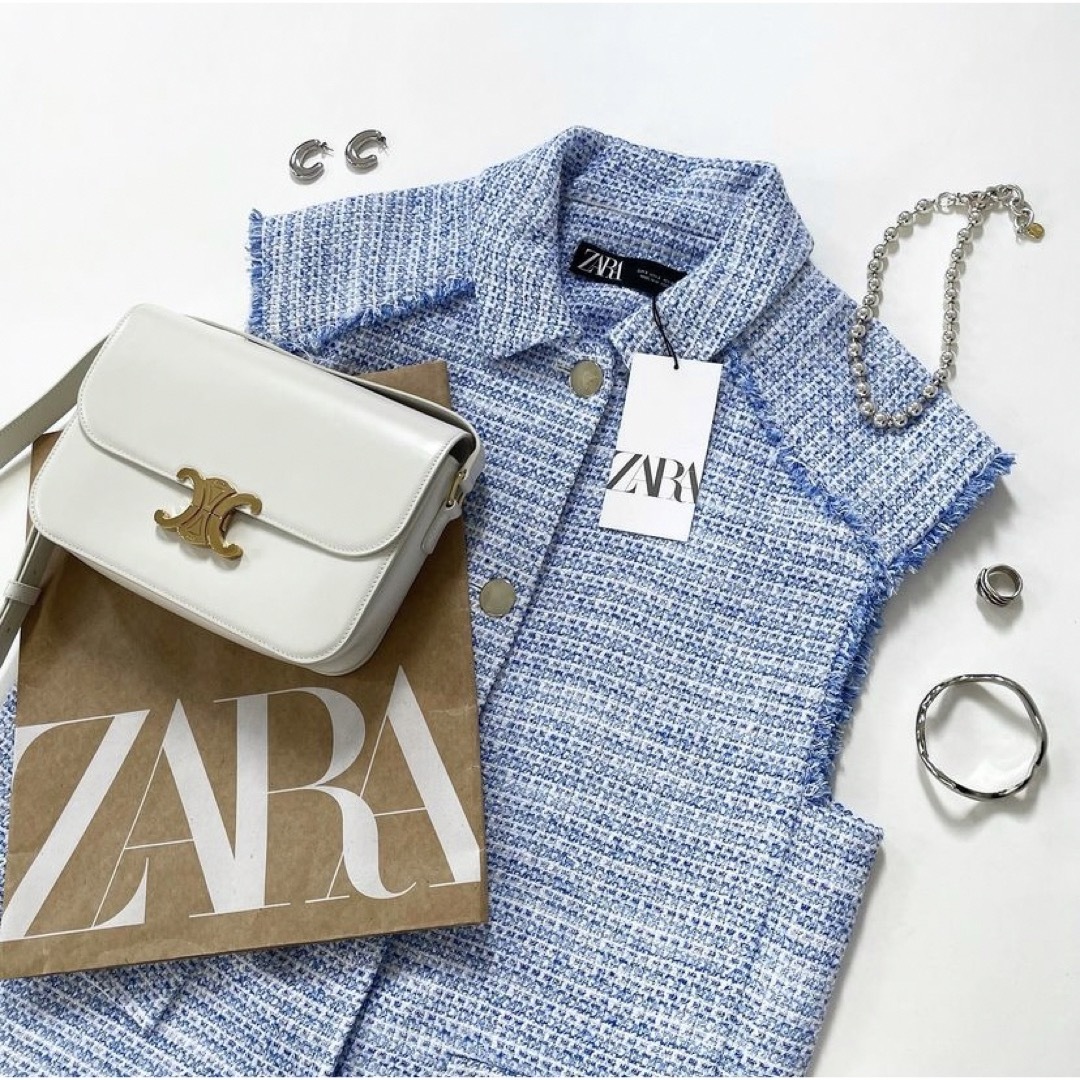 新品 ZARA XL フリンジトリム ツイード ベスト-