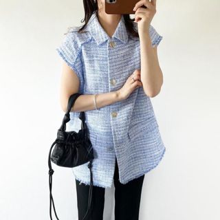 新品＊ZARA　フリンジトリム　テクスチャーベスト　ブラック　S　ツイード