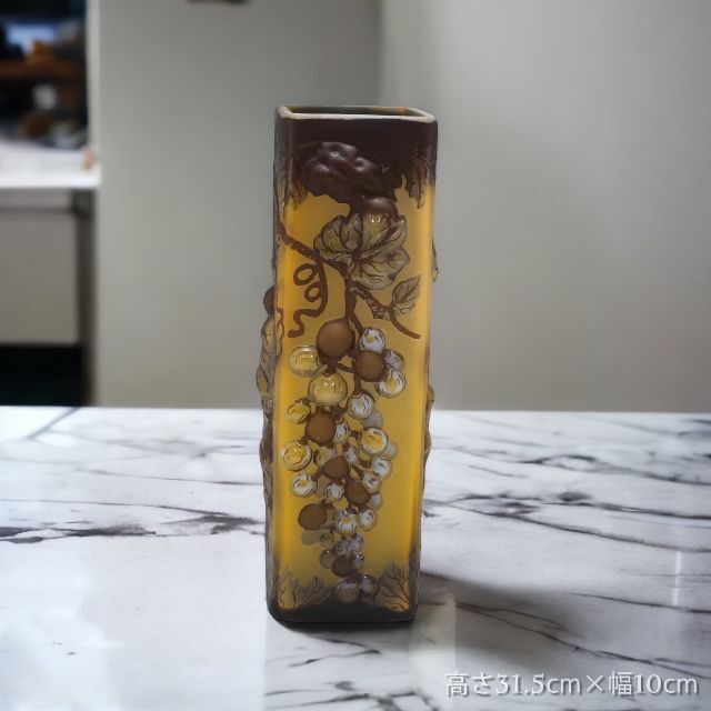 証明書付】高さ31.5㎝ 幅10㎝エミールガレ 花瓶 カメオ彫 スフレ技法