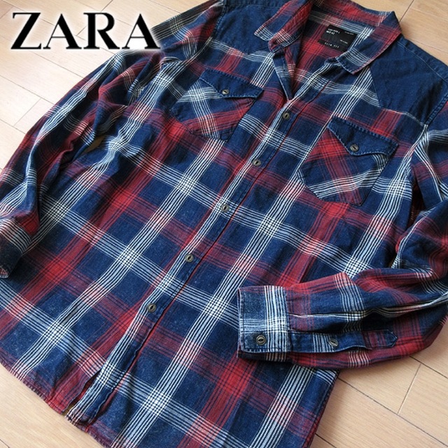 ZARA(ザラ)の美品 (EUR)L ザラ ZARA MAN メンズ チェック柄デニムシャツ メンズのトップス(シャツ)の商品写真