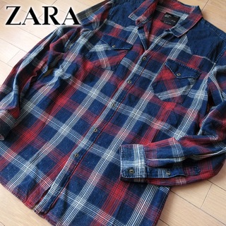 ザラ(ZARA)の美品 (EUR)L ザラ ZARA MAN メンズ チェック柄デニムシャツ(シャツ)