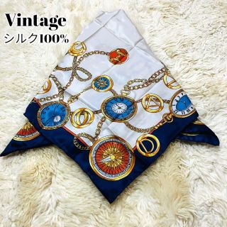 Vintage シルク100% 総柄 大判ストール 美品 チェーン スカーフ(バンダナ/スカーフ)