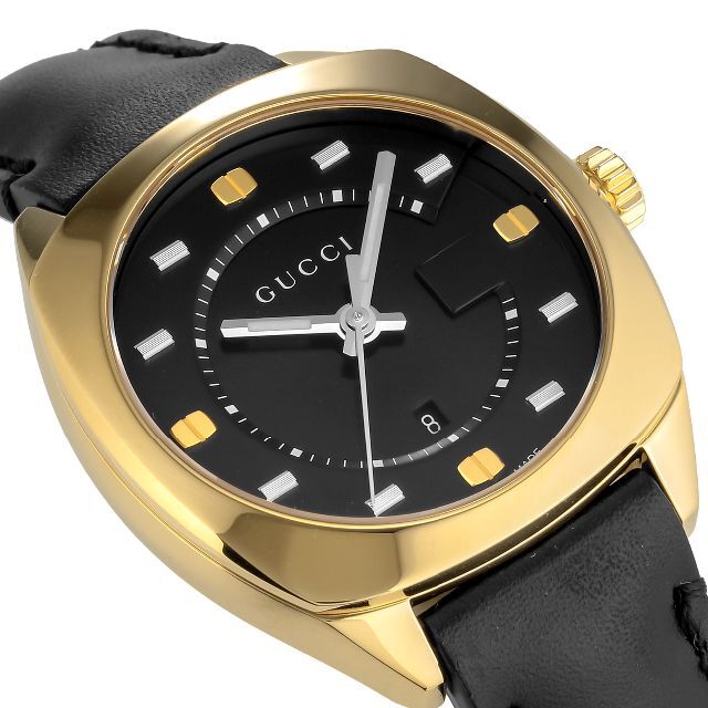 未使用 正規品 グッチ 36mm 腕時計 メンズ ブラック ゴールド カーフ革