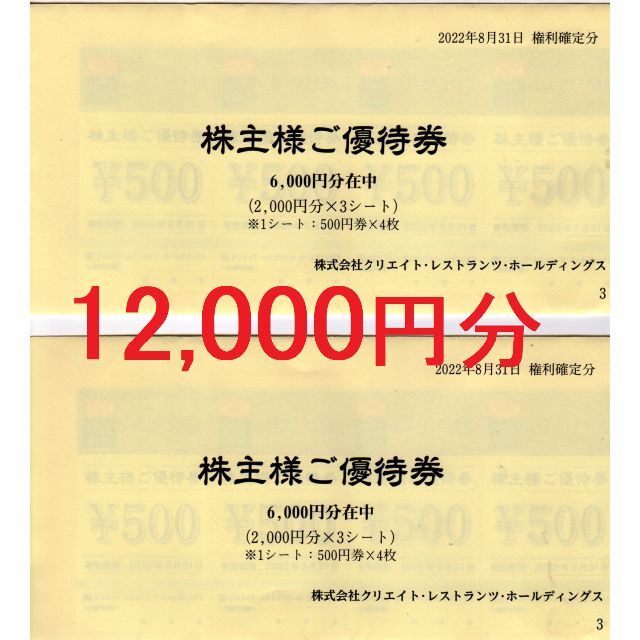 大人気低価 クリエイトレストランツ 株主優待券 12000円分の通販 by ささんま shop｜ラクマ