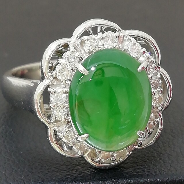 Pt900◯翡翠2.718ct✨ダイヤ0.34ct✨お花デザイン可愛い翡翠リング