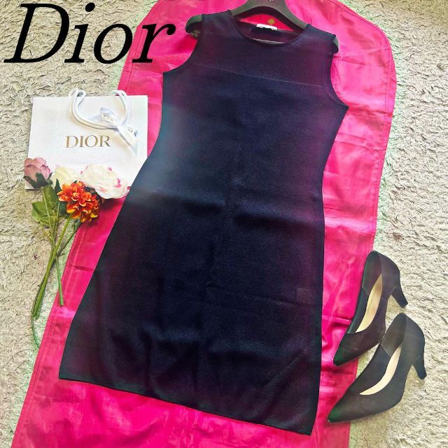 【美品】Christian Dior メッシュワンピース ネイビー ノースリーブ素材レーヨンナイロン