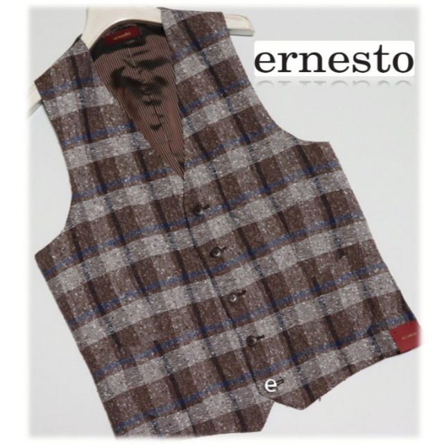 新品【ernesto エルネスト】 麻チェック柄ベスト ジレ 50(XL)