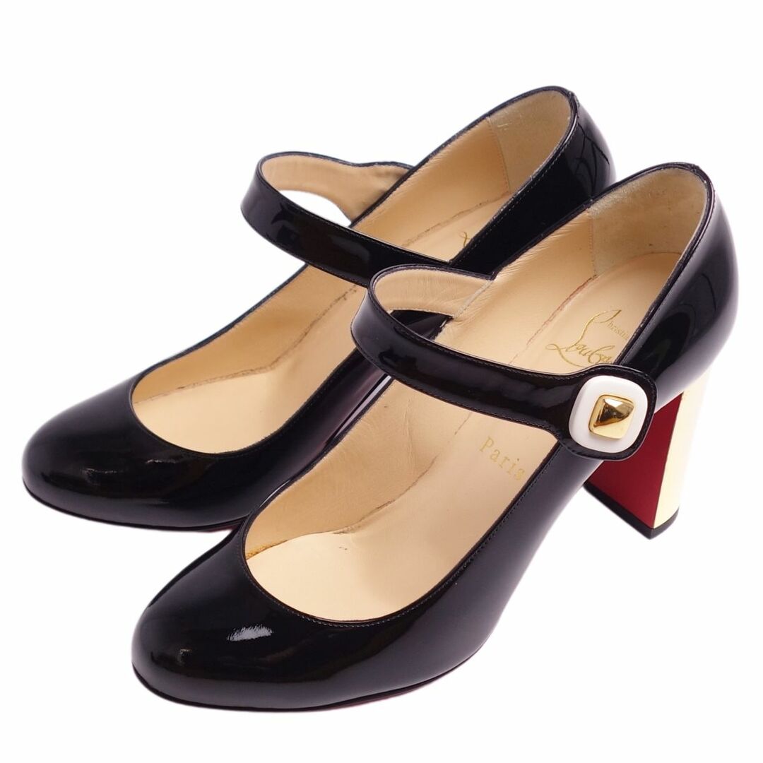 美品 クリスチャンルブタン Christian Louboutin パンプス ヒール ストラップ スタッズ パテントレザー シューズ レディース  36.5(23.5cm相当) ブラック/ゴールド