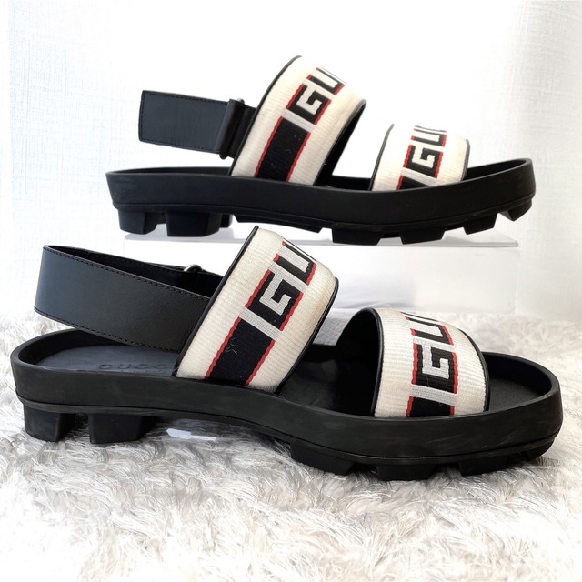 GUCCI グッチ ストライプ ストラップ ロゴ フラット サンダル 極美品