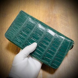クロコダイル メンズ財布 長財布 本革 ワニ 証明書付 グリーン 緑 大