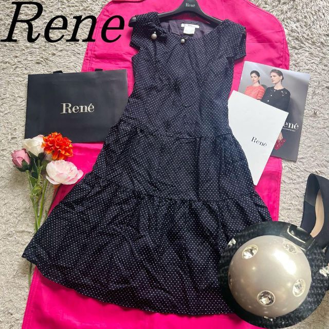 素材ウールレーヨン【良品】Rene フロントジップフレアワンピース 34 ネイビー ブローチ