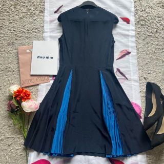 【美品】MIU MIU プリーツワンピース ネイビー ブルー ノースリーブ 36