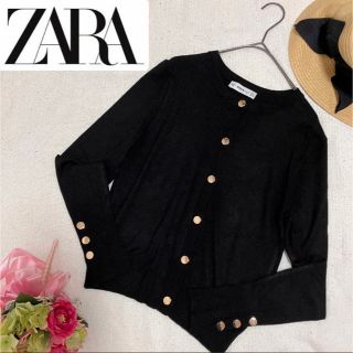 ザラ(ZARA)のZARA KNIT 薄手 カーディガン  サイズM ブラック ゴールドボタン(カーディガン)