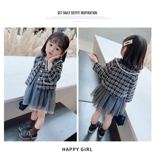 女の子 ツイード　チュール　ジャケット ワンピース　 ブラック 110 キッズ/ベビー/マタニティのキッズ服女の子用(90cm~)(ワンピース)の商品写真