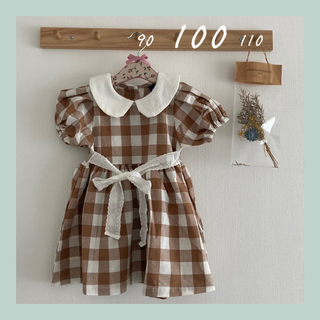 【新作】100 ワンピース 茶 チェック ドレス 半袖 キッズ ナチュラル(ワンピース)