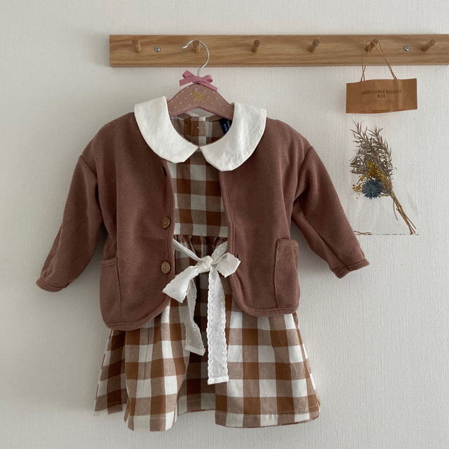 【新作】110 ワンピース 茶 チェック ドレス 半袖 キッズ ナチュラル キッズ/ベビー/マタニティのキッズ服女の子用(90cm~)(ワンピース)の商品写真