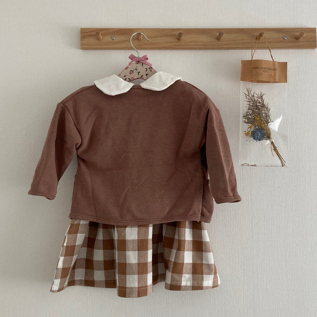 【新作】110 ワンピース 茶 チェック ドレス 半袖 キッズ ナチュラル キッズ/ベビー/マタニティのキッズ服女の子用(90cm~)(ワンピース)の商品写真