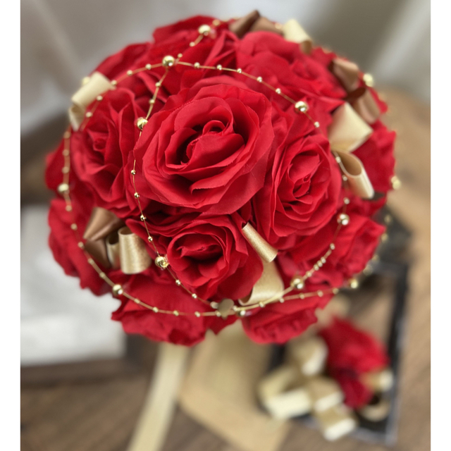 ブーケ 赤 バラ ブートニア ウェディングブーケ 花束 アーティシャルフラワー