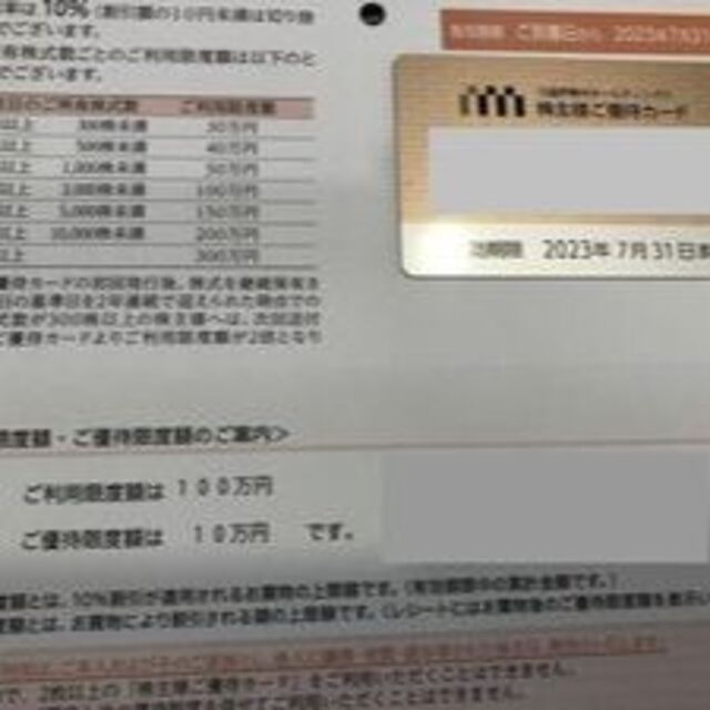 台紙付　三越伊勢丹株主優待　買物１０％OFF　利用限度額100万円　７月末期限