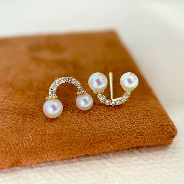 天然ダイヤモンド付きパールピアスk18 - ピアス