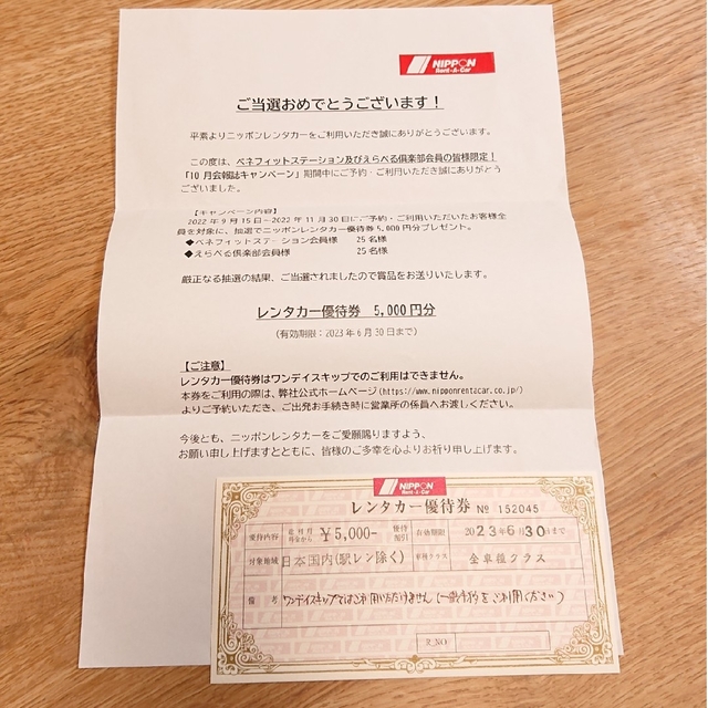 レンタカー割引券 日本レンタカー チケットの優待券/割引券(その他)の商品写真