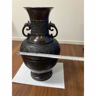高岡銅器 兼荀 双龍獣耳骨董品 峰雲 花瓶花器 アンティーク青銅尺3寸